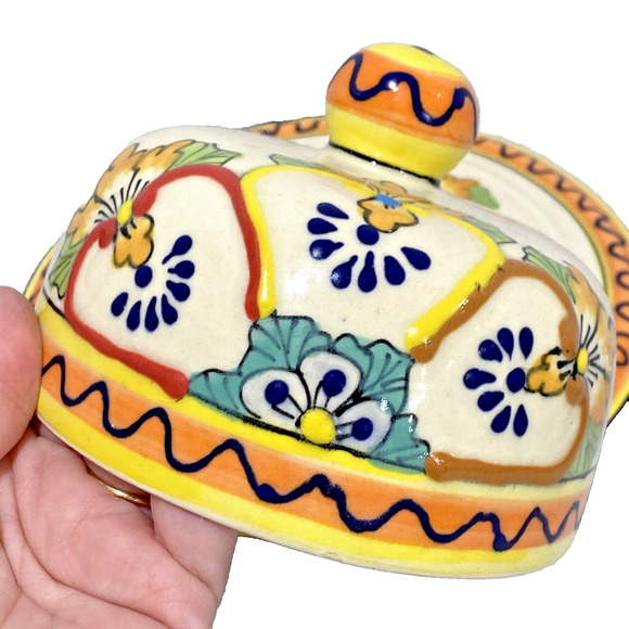 Unique Mexican Art Pottery Covered Dish Cheese Keeper Multicolor Mexico Folk Art - Picture 10 of 11
